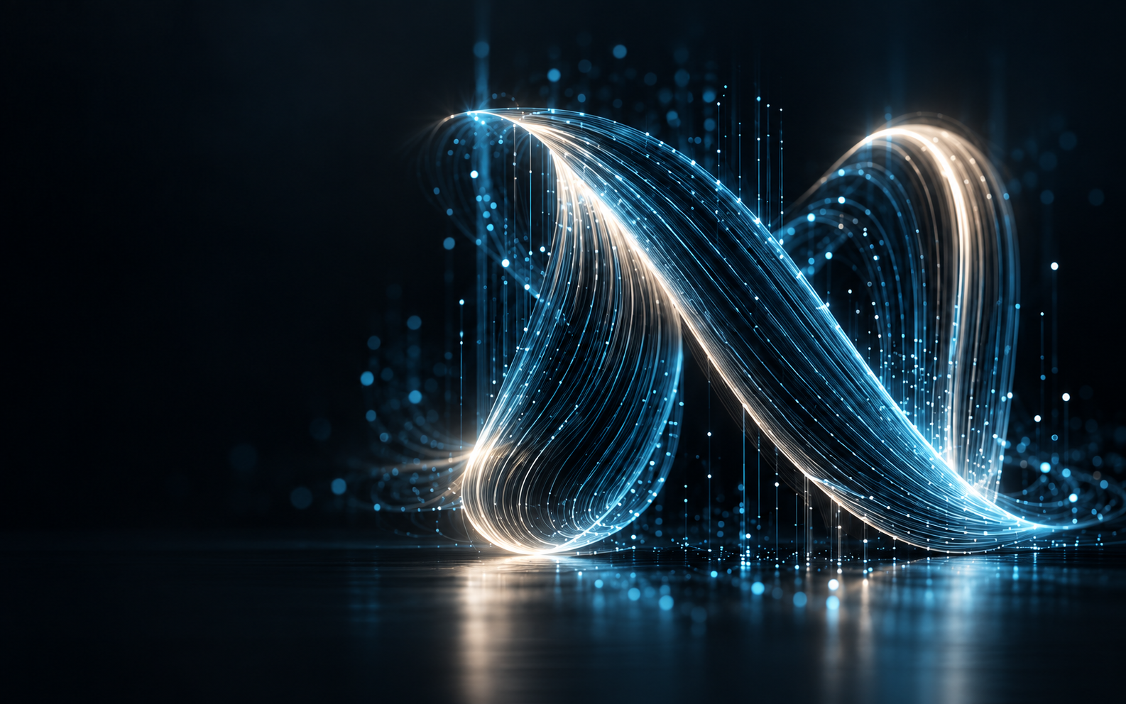 Luminous blue and pearl fibre-optic N form in a dark laboratory space